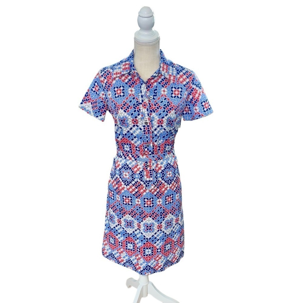 VTG Hob Nobber Mod Geometric Print Dress  60s 70s Button Front Matching Belt 4/6